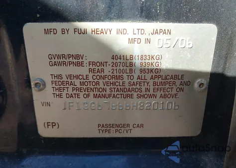 2006 Subaru Impreza 2.5I z USA, uszkodzony, nr VIN JF1GG67666H820106